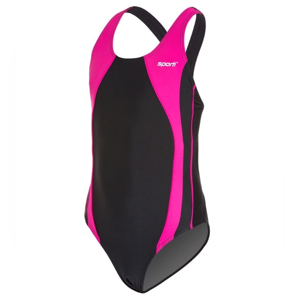 Sporti Piped Splice One Piece Swimsuit Youth Size 26 Age 10-12 Black Hot Pink